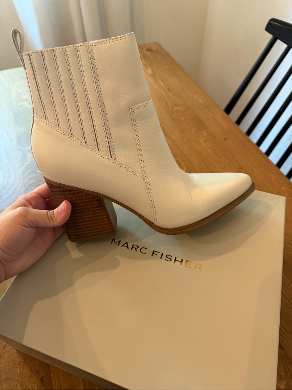 Marc Fisher Cream Leather Ankle Boot with Stacked Heel